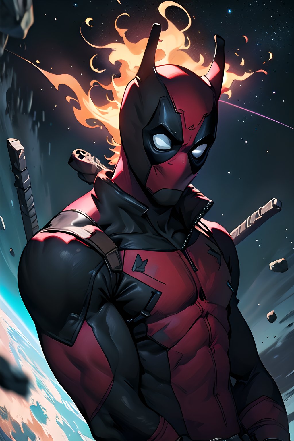 Deadpool in blades  surrounded by several asteroids glowing with fiery auras. Dramatic lighting from distant stars and planets illuminates the scene, casting deep shadows on the suit. The young man looks confident 
Funny look , iei,lupin dive

