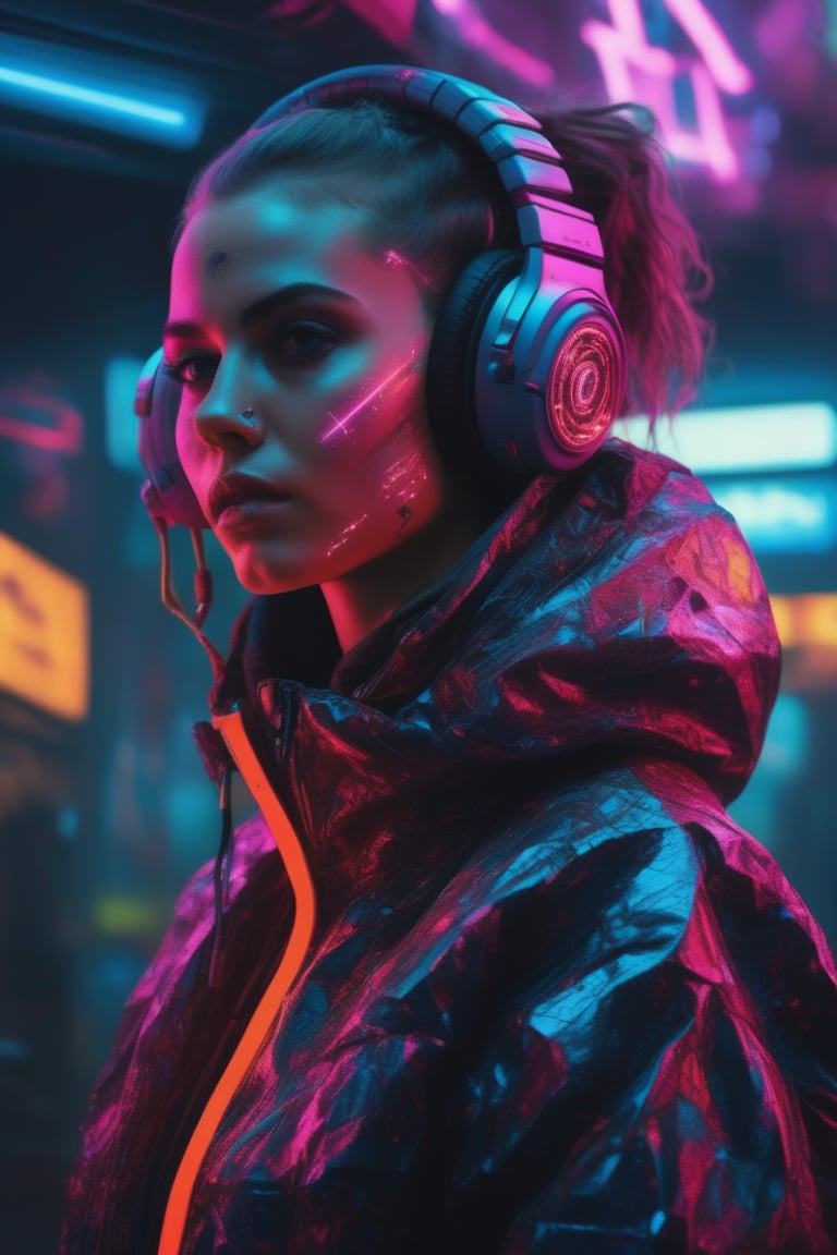 (masterpiece,best quality, ultra realistic,32k,RAW photo,detailed skin, 8k uhd, high quality:1.2), surrealist art detailed portrait Neon Operator Girl, cyberpunk futuristic neon, reflective puffy coat, decorated with traditional Japanese ornaments by Ismail inceoglu dragan bibin hans thoma greg rutkowski Alexandros Pyromallis Nekro Rene Maritte Illustrated, Perfect face, fine details, realistic shaded, fine-face, pretty face . dreamlike, mysterious, provocative, symbolic, intricate, detailed