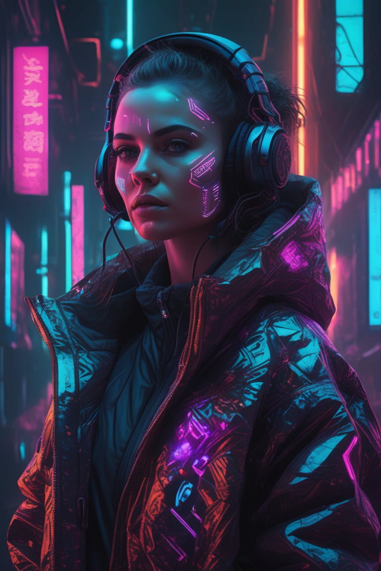 (masterpiece,best quality, ultra realistic,32k,RAW photo,detailed skin, 8k uhd, high quality:1.2), surrealist art detailed portrait Neon Operator Girl, cyberpunk futuristic neon, reflective puffy coat, decorated with traditional Japanese ornaments by Ismail inceoglu dragan bibin hans thoma greg rutkowski Alexandros Pyromallis Nekro Rene Maritte Illustrated, Perfect face, fine details, realistic shaded, fine-face, pretty face . dreamlike, mysterious, provocative, symbolic, intricate, detailed