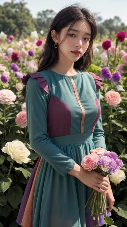 woman, flower dress, colorful, darl background,flower armor,green theme,exposure blend, medium shot, bokeh, (hdr:1.4), high contrast, (cinematic, teal and orange:0.85), (muted colors, dim colors, soothing tones:1.3), low saturation