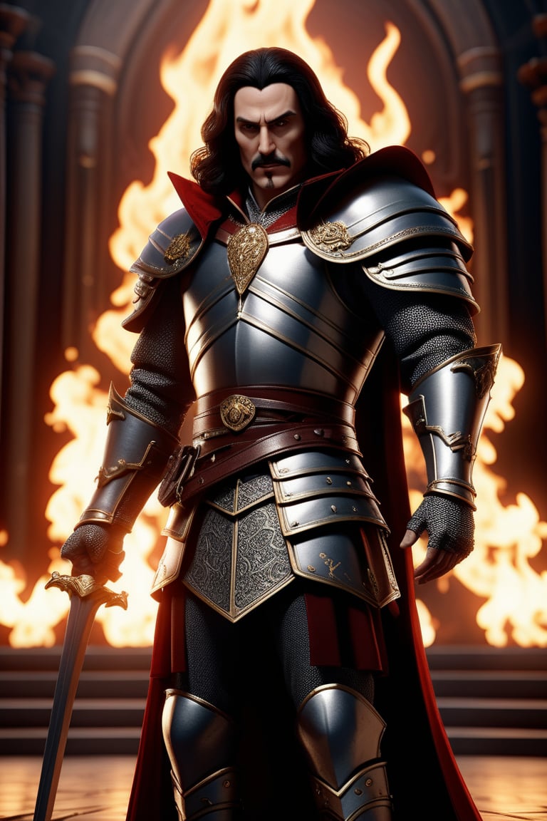Vlad dracula on fire, photorealistic, epic, dramatic lighting, facing camera, finely detailed, armor, spear and shield, intricate design and details, ultra detailed, highest detail quality, ultra realistic, photography lighting, overcast reflection mapping, photorealistic, cinemeatic, cinematic lighting, movie quality rendering, hyperrealistic, focused, high details, octane rendering, focused, 8k, depth of field, real shadow, vfx post production, rtx ray tracing lighting, anime style,