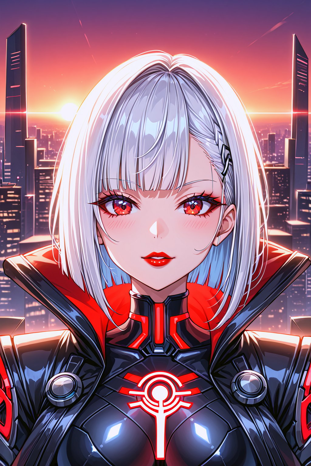 source_anime, girl in a cybernetic soldier suit with open body shapes, all five fingers, full short haircut/bob, cybernetic prosthesis, dark cyberpunk in red colors and neon, white hair, red eyes, hieroglyphs on the suit, red lipstick, robots, red sunset, active pose, looking into camera, robotic heels, anime, portrait, cloak, 