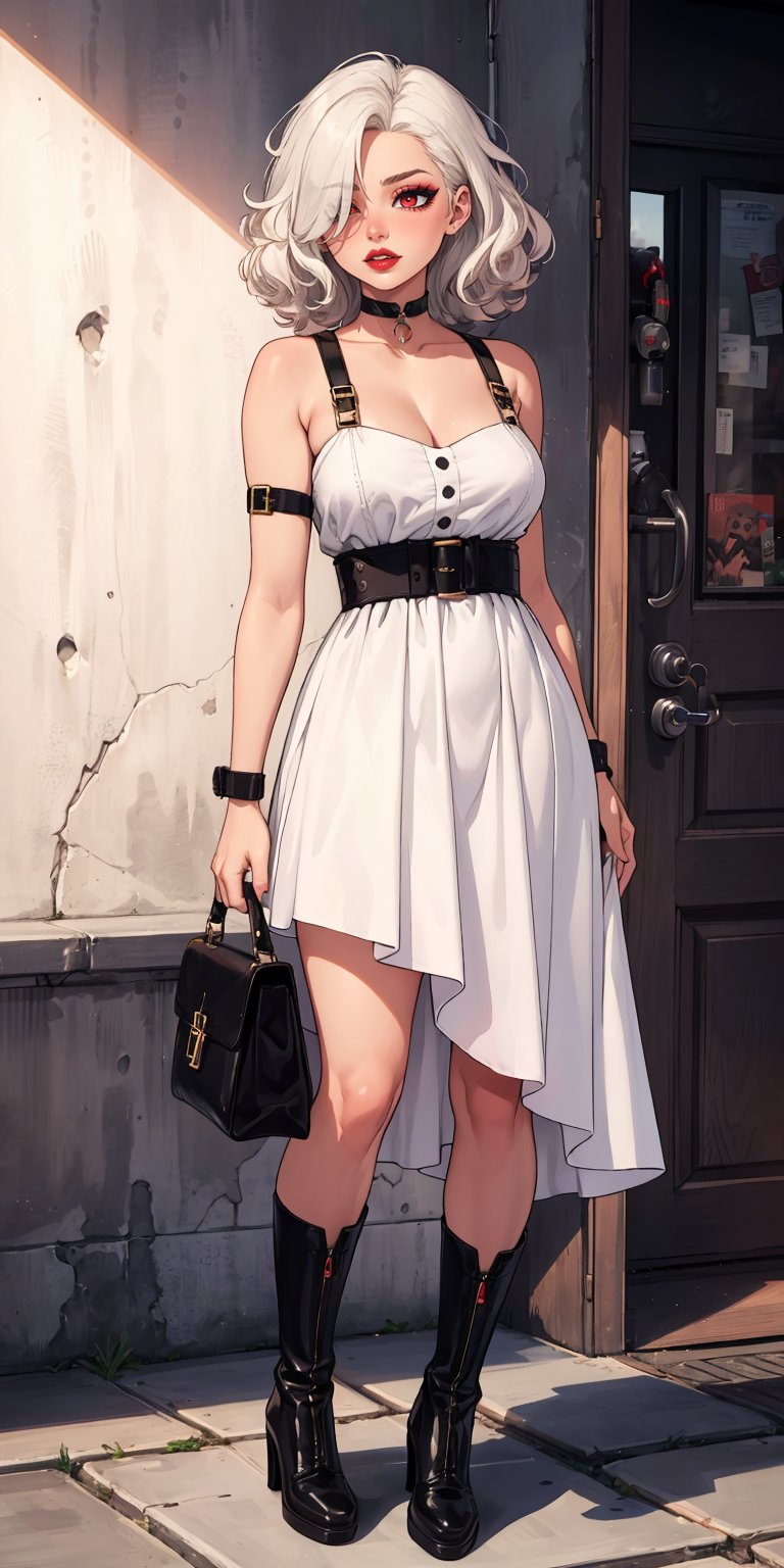 absurdres, [perfect shadows and lighting], detailed background, incredible high-key lighting, masterpiece, high quality, detailed, extremely detailed, ambient soft lighting, 4K, 1girl, white hair, blond hair, red eyes, choker, curly hair, white knitted dress with straps on the bust, high boots with heels,  hair over one eye, (eye shadow:1.3) (eye long line:1.3) (red lipstick)