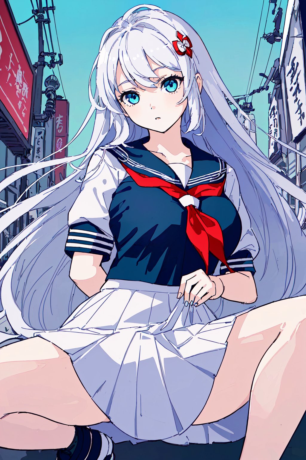 (masterpiece, top quality, best quality, official art, beautiful and aesthetic:1.2), (1girl:1.3), extreme detailed, colorful, highest detailed, ((ultra-detailed)), (highly detailed CG illustration), ((an extremely delicate and beautiful)), solo, outdoors, sibuya/, (tokyo/), standing, red long hair, blue eyes, large breasts, (serafuku:1.5), spread legs, realistic, 