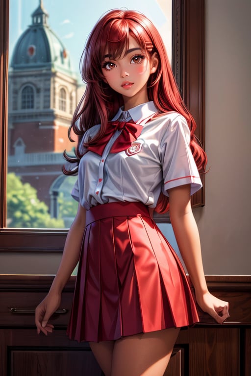 (best quality, masterpiece, ultra quality), cute girl, shiny silky cherry red hair, deep tanned skin, big_thighs, UHD quality, red school skirt, stormy blue eyes, school_uniform, white, hairclips, cute, cherry lips, hot, standing, blue eyes, European babyface, realistic, ,inboxDollPlaySetQuiron style, a little bit of freckles, preppy style, library background, reflected light in eyes