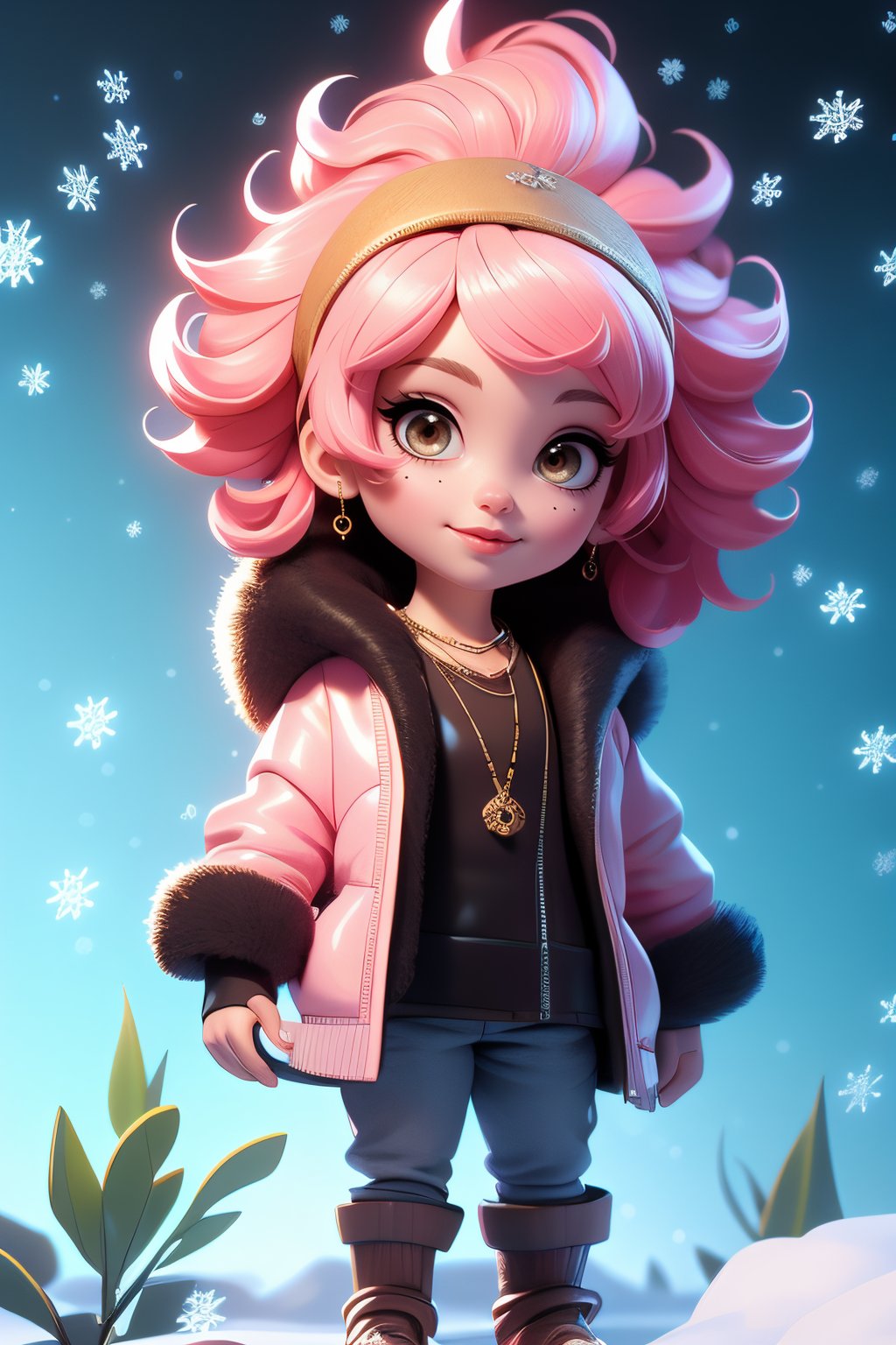 masterpiece,ultra realistic,32k,extremely detailed CG unity 8k wallpaper, best quality,(winter day ),lady ,necklace ,eardrop, Bora Bora, French Polynesia, ( Bronze Incorporating metallic accents ) , Pastel pink hair messy hair ,
