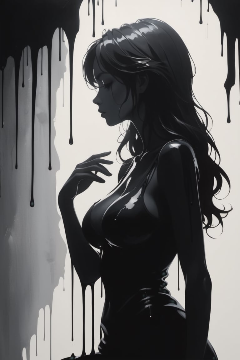 Silhouette of a Thoughtful Girl: Stark silhouette, minimalistic rendering, the girl's figure against a dramatic backdrop.,dripping paint,tight_clothes,big_breasts,nipple_erection,