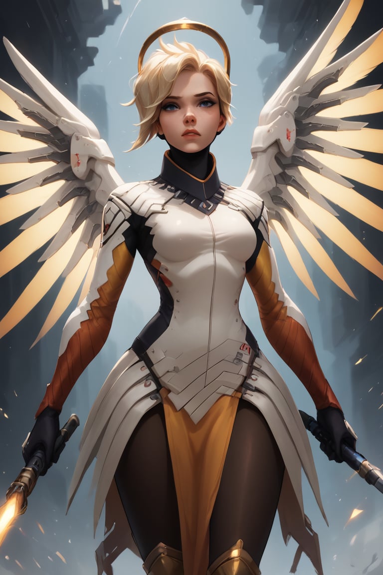 score_9, score_8_up, score_7_up, score_6_up, score_5_up, score_4_up, BREAK, (((Mercy from Overwatch))), woman, solo, 
halo,glove,short hair,holy light,high ponytail,spread wings,mechanical wings,holding gun,high collar,pelvic curtain,greaves,holding staff,faulds,mrcy,boots,armor,pantyhose,bodysuit