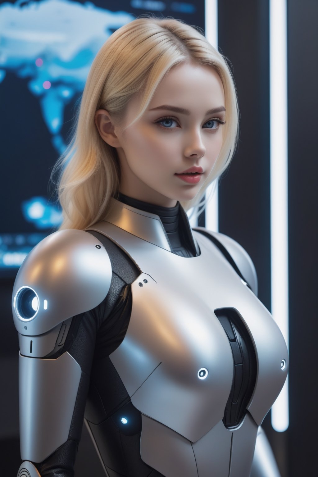 (best quality:1.3),masterpiece,high resolution,photo,realistic,4k,unreal,1 girl,active pose,
standing in front of video wall,hand touching screen,multiple robots,future metropolis,low light,
  blonde hair, grey eyes, full lips,
  gynoid, fembot,
outdoors, futuristic, fullbody
,character,rubbersuit02