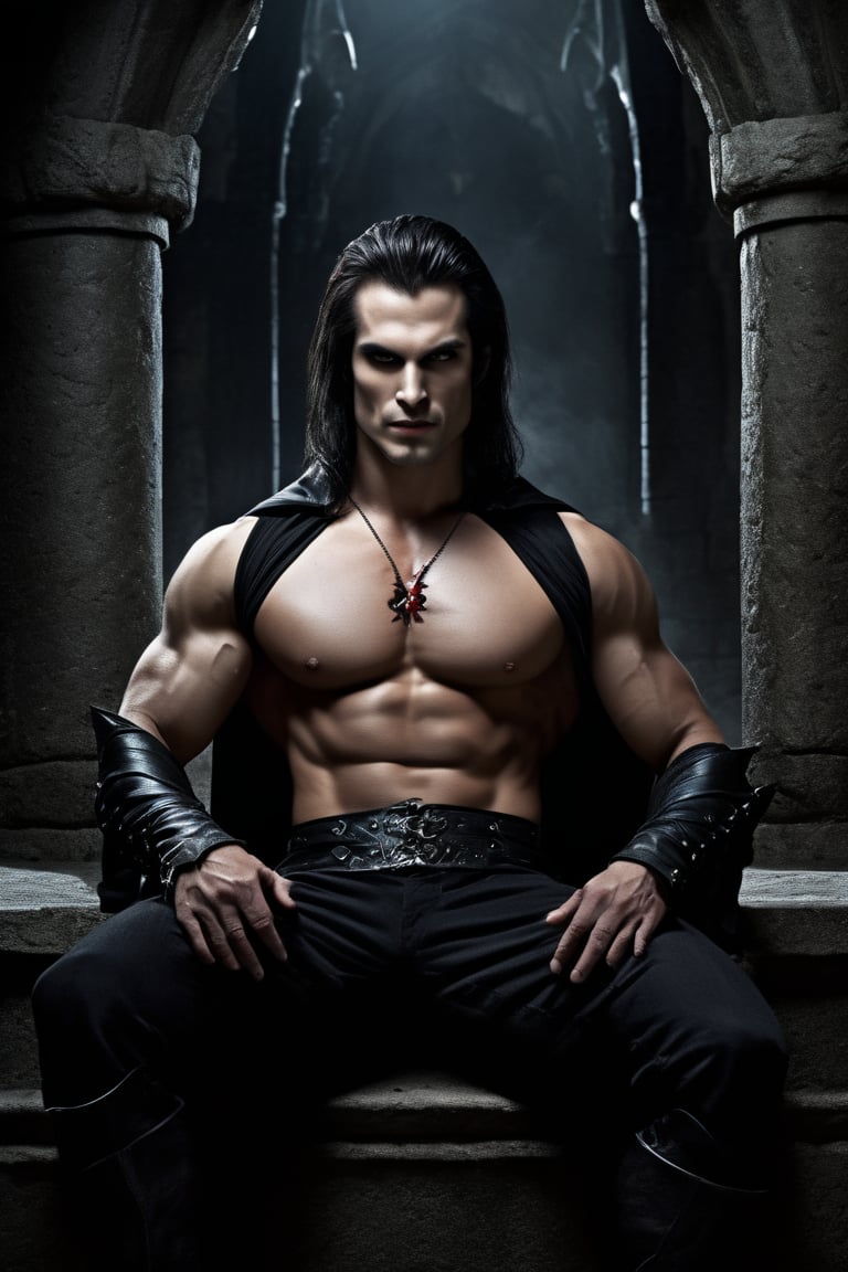 An ultra-realistic  like the muscular vampire, sitting in the castle, cinematic , high quality picture”,