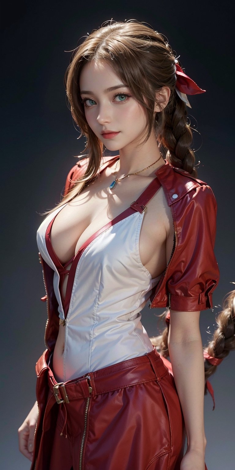 (4K,masterpiece, highres, ultra detailed), 1 female, 25 years old, Aerith Gainsborough of final fantasy VII , more mature looking, plain gradient background,  plain background, hyperrealistic, yuna's final fantasy costume, Aerith's original costume deisgn in Final Fantasy VII symmetrical clothing features, best clothing simulation, no collar, 1female, windy night, yuna's bob hair style,  busty, defined cleavage, middle_breast, thicc body, smile, no dangling sleeves, close-up shot, full frontal shot, zommed in shot, head to hips image scope, , character facing and looking at camera, looking at you, very vibrant, 
,aerith gainsborough,aerith gainsborough \(cosplay\) standing