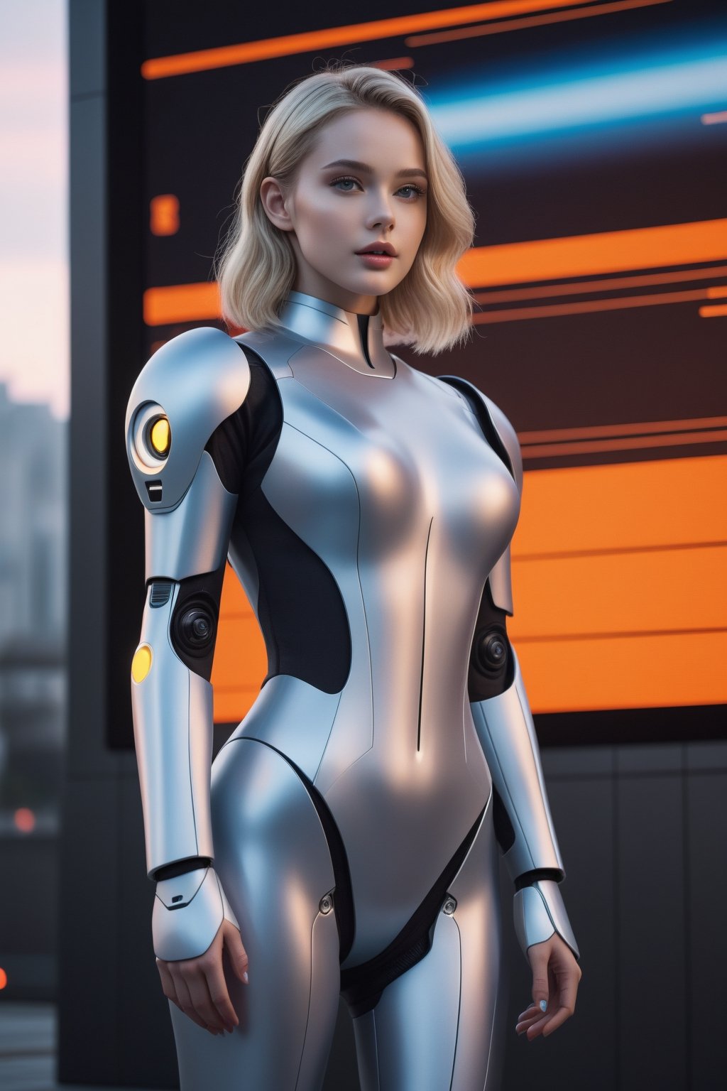 (best quality:1.3),masterpiece,high resolution,photo,realistic,4k,unreal,1 girl,
standing in front of video wall,hand touching screen,multiple robots,future metropolis,low light,
  blonde hair, grey eyes, full lips,
  gynoid, fembot, fullbody, standing
outdoors, futuristic, fullbody
,character,rubbersuit02