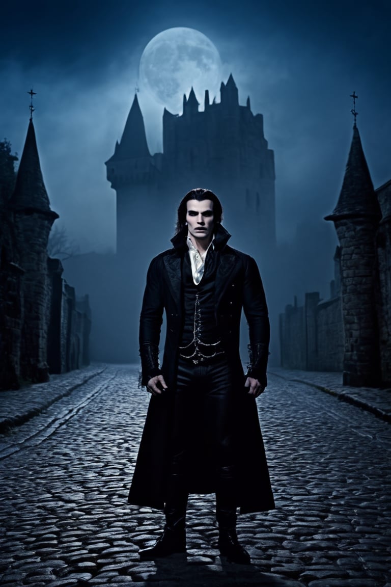 An ultra-realistic  like the muscular vampire, standing by the cobbled street, natural lights, cinematic , high quality picture”, full moon behind the clouds and low fog, old castle,