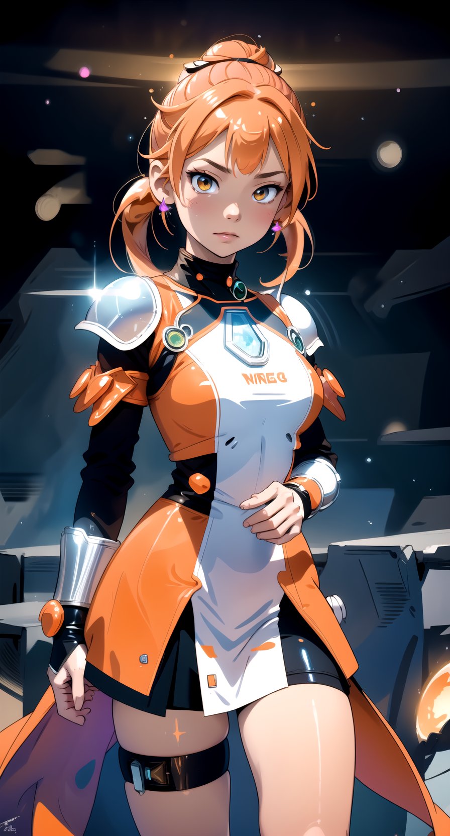 fullbody ,centered, award winning fullbody, detailed face, (beautiful detailed eyes:1.2), | solo, woman, orange hair color, (twintail bun), light orange eyes, (neon futuristic armor), (orange gem on chest), | symetrical and detailed armor, | mystical, nebulosa, cosmic vibe, | depht of field, | space atmosphere, | hyperealistic shadows, smooth detailed, |,haruka,no_humans,asian girl