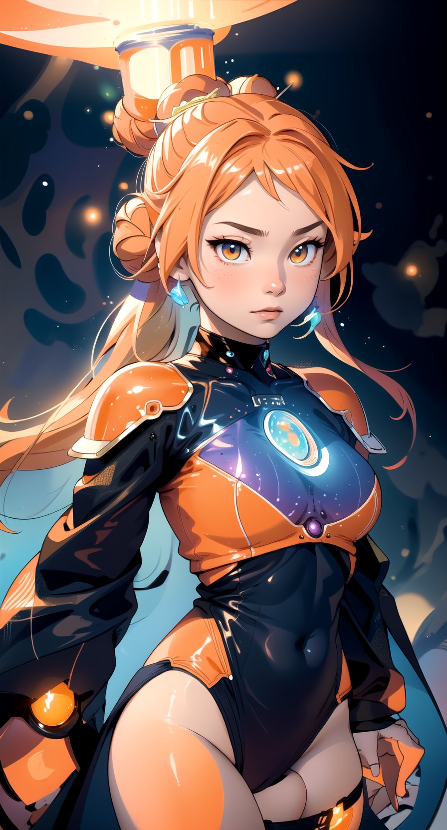 fullbody ,centered, award winning upper body portrait, detailed face, (beautiful detailed eyes:1.2), | solo, woman, orange hair color, (twintail bun), light orange eyes, (neon futuristic armor), (orange gem on chest), | symetrical and detailed armor, | mystical, nebulosa, cosmic vibe, | depht of field, | space atmosphere, | hyperealistic shadows, smooth detailed, |,haruka,no_humans,asian girl