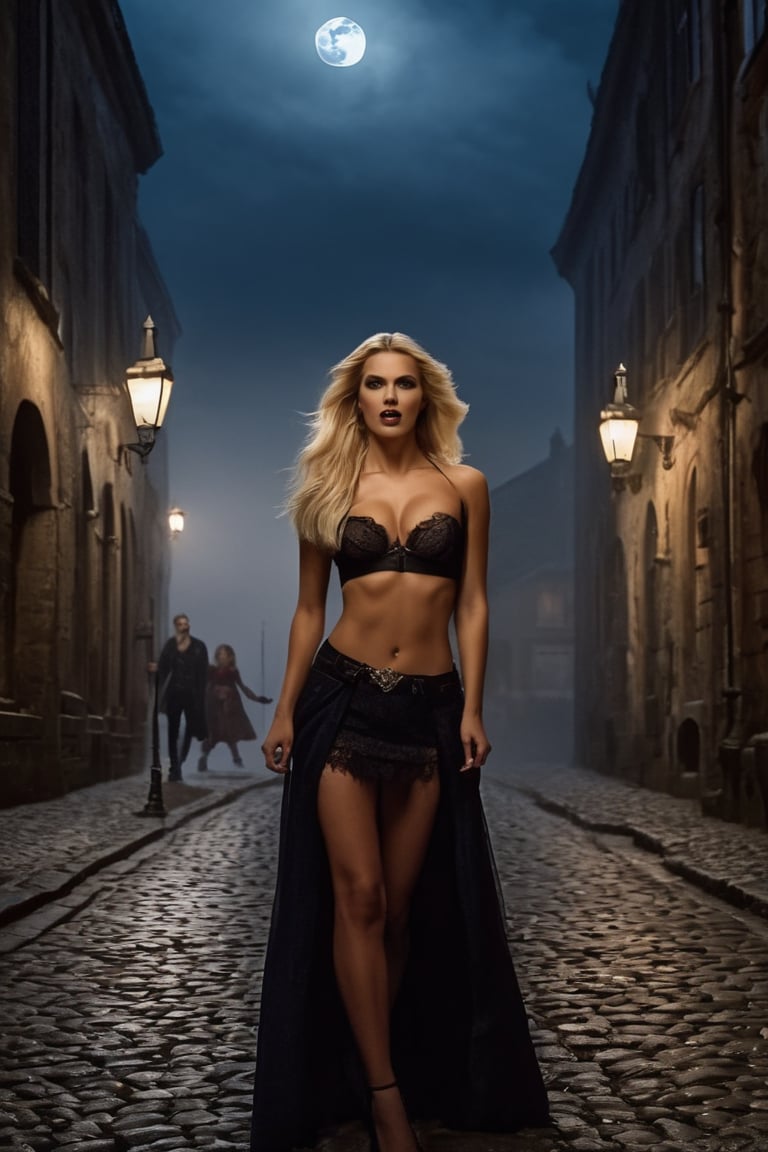 An ultra-realistic  like the muscular vampire, open mouth, standing by the cobbled street with sexy blondi woman, cinematic , high quality picture”, full moon behind the clouds and low fog, old buildings, other people walking behind the street, 