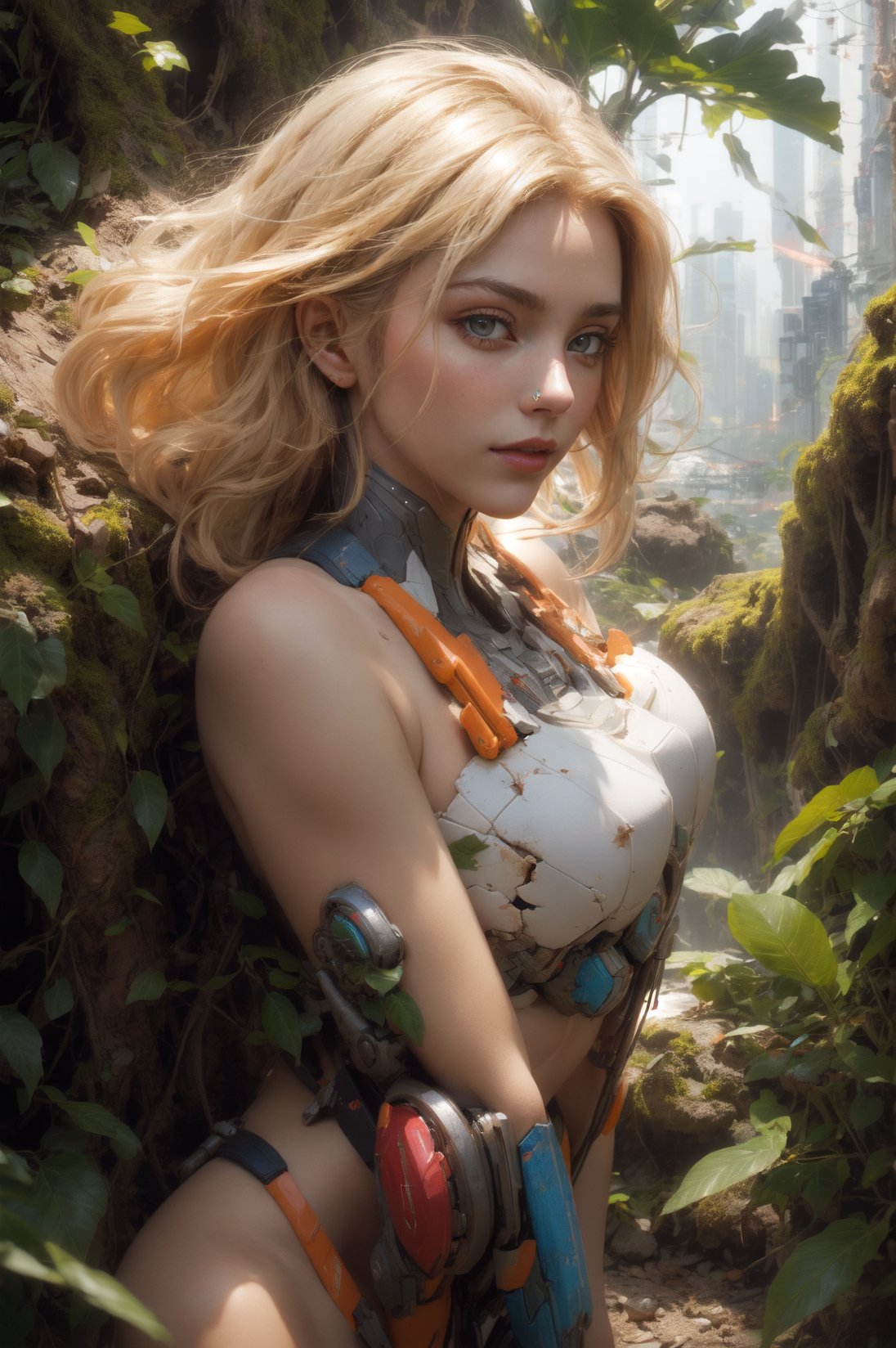8k portrait of beautiful girl with blonde hair, fullbody, nude,walking to the viewer, close-up photo, majestic, digital photography, ruled of third composition, art by artgerm and ruan jia and greg rutkowski surreal painting, broken glass, (masterpiece, sidelighting, finely detailed beautiful eyes: 1.2), hdr, (detailed background cyberpunk city in lush rainforest : 0.7),stationary_restraints, musume,,SRS, 