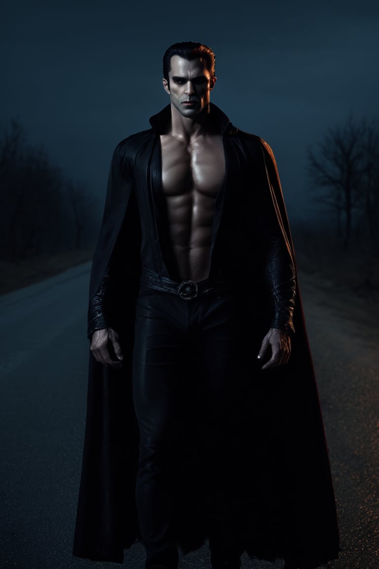 An ultra-realistic  like the muscular vampire standing by the road, cinematic , high quality picture”