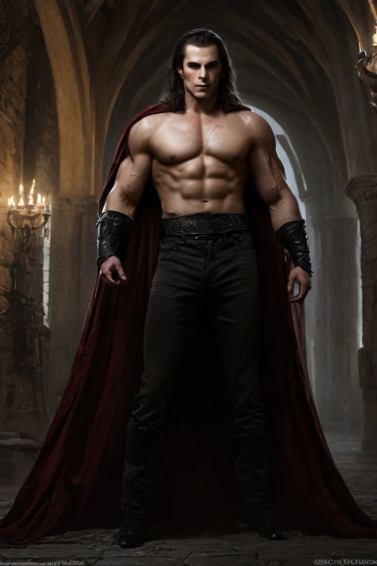 An ultra-realistic  like the muscular vampire, standing in the castle, cinematic , high quality picture”,greg rutkowski