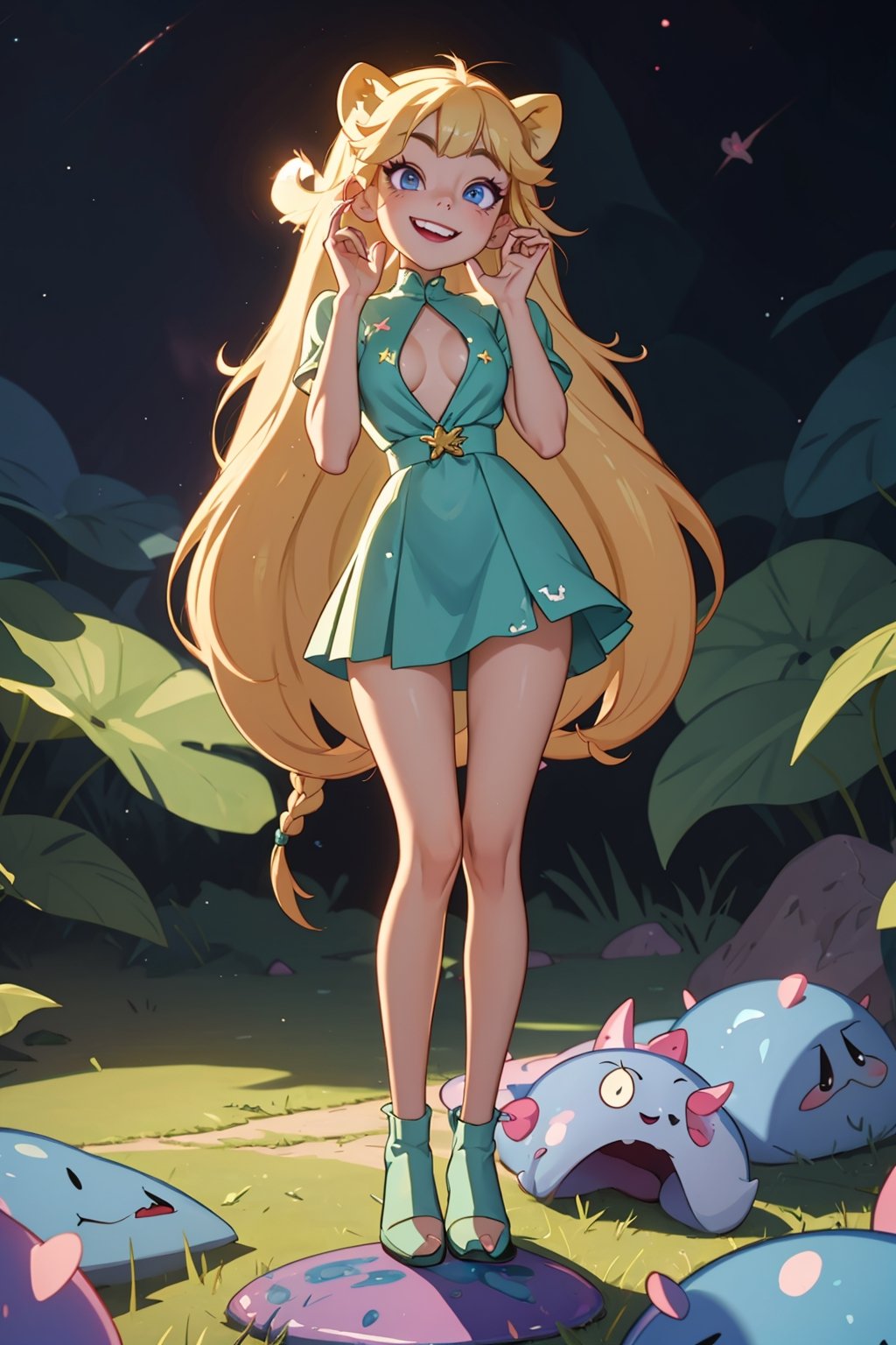 star butterfly, highres, masterpiece, perfect lighting, bloom, cinematic lighting, adult, perfect skin, female, looking at viewer, , ahegao, plaguemarine, Lion, slime, smile, , Rolling eyes, fullbody, standing