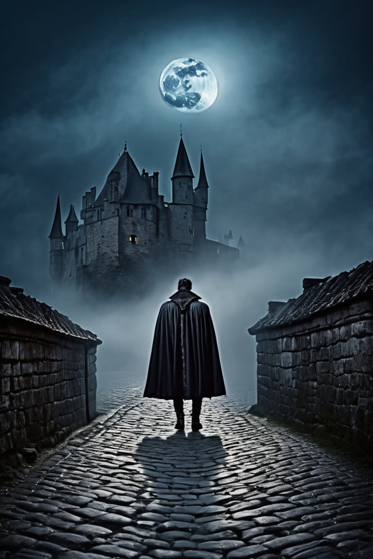 An ultra-realistic  like the muscular vampire, standing by the cobbled street, cinematic , high quality picture”, full moon behind the clouds and low fog, old castle, closer look