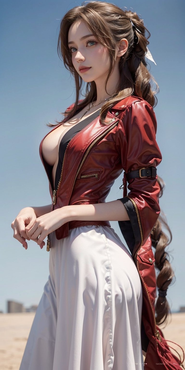 (4K,masterpiece, highres, ultra detailed), 1 female, 25 years old, Aerith Gainsborough of final fantasy VII , more mature looking, plain gradient background,  plain background, hyperrealistic, yuna's final fantasy costume, Aerith's original costume deisgn in Final Fantasy VII symmetrical clothing features, best clothing simulation, no collar, 1female, windy night, yuna's bob hair style,  busty, defined cleavage, middle_breast, thicc body, smile, no dangling sleeves , character facing and looking at camera, looking at you, very vibrant, 
,aerith gainsborough,aerith gainsborough \(cosplay\) standing, front view