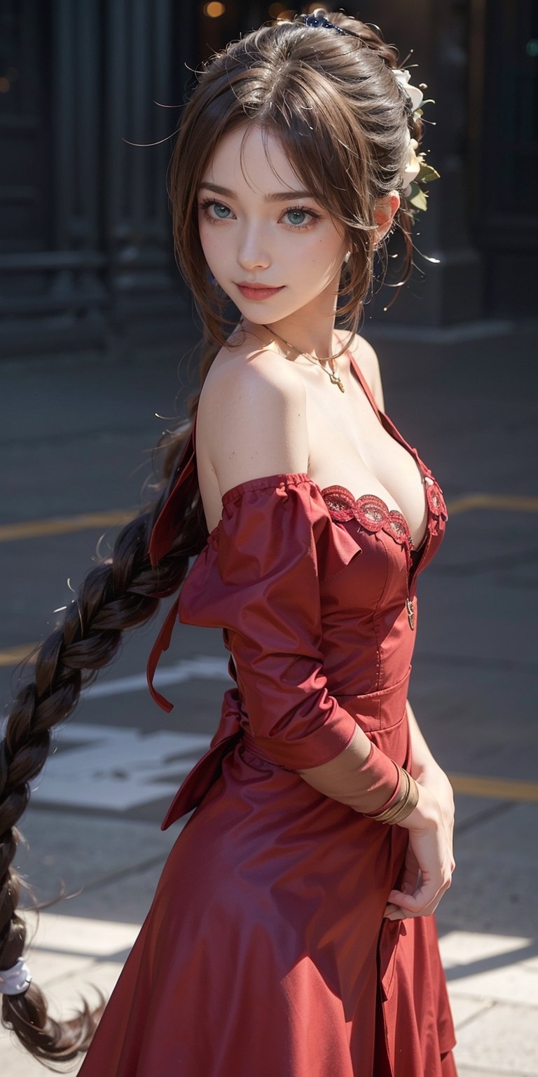 (4K,masterpiece, highres, ultra detailed), 1 female, 25 years old, Aerith Gainsborough of final fantasy VII , more mature looking, plain gradient background,  plain background, hyperrealistic, yuna's final fantasy costume, Aerith's original costume deisgn in Final Fantasy VII symmetrical clothing features, best clothing simulation, no collar, 1female, windy night, yuna's bob hair style,  busty, defined cleavage, middle_breast, thicc body, smile, no dangling sleeves, close-up shot, full frontal shot, zommed in shot, head to hips image scope, , character facing and looking at camera, looking at you, very vibrant, 
,aerith gainsborough,aerith gainsborough \(cosplay\), front-view