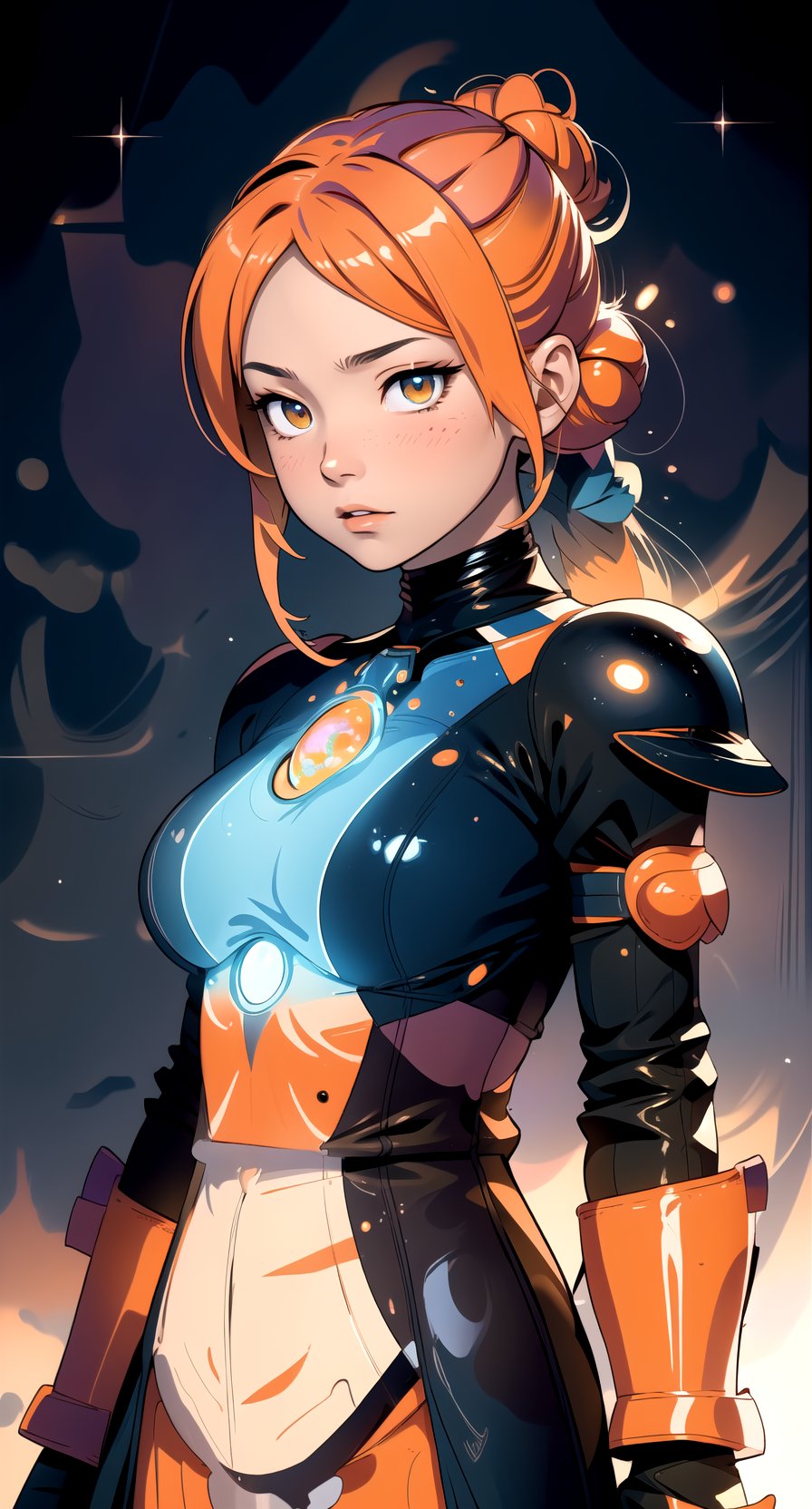 fullbody ,centered, award winning full body portrait, detailed face, (beautiful detailed eyes:1.2), | solo, woman, orange hair color, (twintail bun), light orange eyes, (neon futuristic armor), (orange gem on chest), | symetrical and detailed armor, | mystical, nebulosa, cosmic vibe, | depht of field, | space atmosphere, | hyperealistic shadows, smooth detailed, |,haruka,no_humans,asian girl