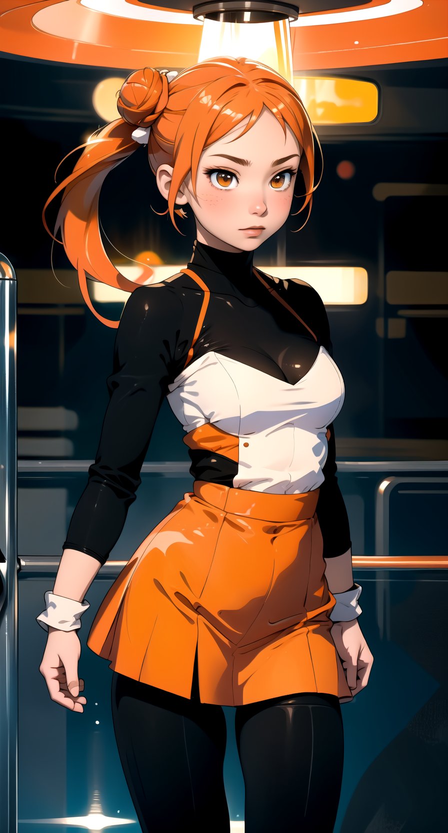 fullbody,girl floating in a glass tube clone machine, ,centered, award winning fullbody, detailed face, (beautiful detailed eyes:1.2), | solo, woman, orange hair color, (twintail bun), light orange eyes, depht of field, | space atmosphere, | hyperealistic shadows, smooth detailed, |,haruka,no_humans,asian girl, 