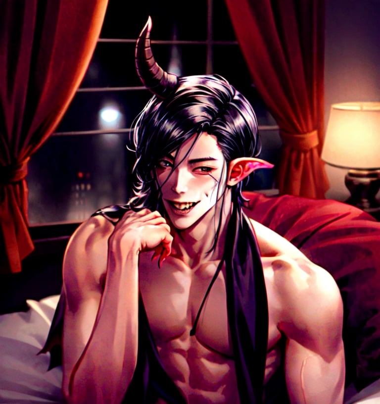 Un jeune homme vampire sexy avec cheveux noir avec des cornes dans une chambre noir,  AOMINE DAIKI,  b3rli,tiefling,b3rli