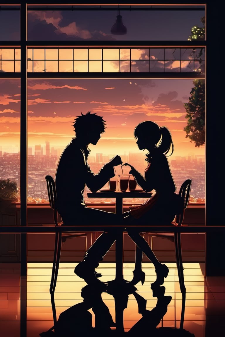 Anime couple, dramatic lighting, A couple in a restaurant 