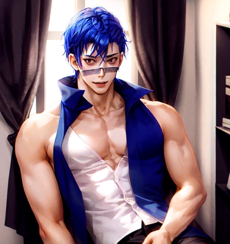 Un jeune homme demon sexy avec cheveux bleu avec des cornes dans une chambre noir,  AOMINE DAIKI , b3rli,b3rli