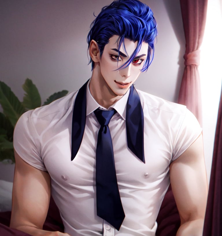 Un jeune homme demon sexy avec cheveux bleu avec des cornes dans une chambre noir,  AOMINE DAIKI , b3rli,b3rli