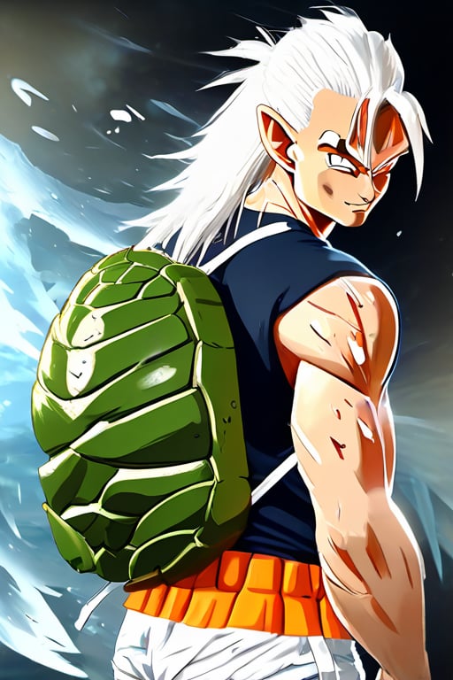 Highly detailed, 4K, Masterpiece, dragonball character, character, realistic, master roshi, wearing a turtle shell backpack, white hair, smirking, cool,sexy mam, muscled man, fit, work out outfit, orange shorts and torn white shirt, photo-realistic techniques --ar 2:3 --stylize 400,LegendDarkFantasy