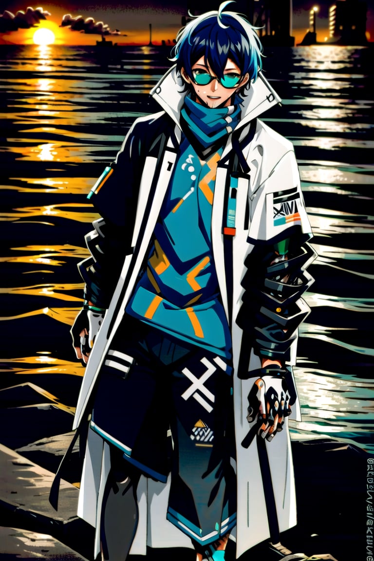 Un jeune homme sexy au bord de la mer sous un coucher de soleil, AOMINE DAIKI ,biopunk style,urban techwear