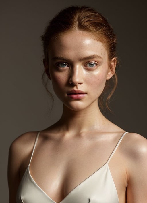 Full body image of sks woman, epic (photo, studio lighting, hard light,  matte skin, pores, colors, hyperdetailed, hyperrealistic), white dress, sexy pose, defined accurate face and jawline. Glistening skin
