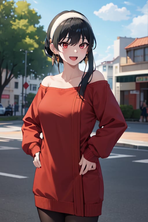 masterpiece, best quality, highres, bbyorf, short hair with long locks, white hairband, red eyes, gold earrings, large breasts, jewelry, off shoulder, red sweater, sweater dress, long sleeves, black pantyhose,  outdoors, standing cowboy shot, smile, open mouth, hand on hip, 