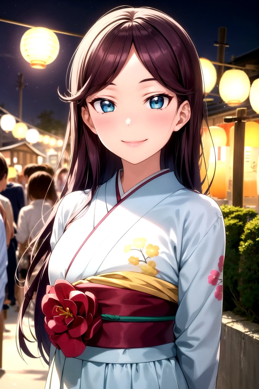 (masterpiece, best quality, ultra-detailed), (illustration), (beautiful detailed eyes), (1girl), (solo), (extremely detailed face), (beautiful detailed hair), toudou erena, green eyes:1.3, purple hair, large hair, long hair, parted bangs, light smile, closed mouth, outdoors, japan festival, lanterns, traditional japan, depth of field, looking at viewer:1.4, looking front:1.2, masterpiece, smile, cowboy shot,  parted lips, seductive smile, light smile,((closed mouth)), arms behind back, ,toudou erena