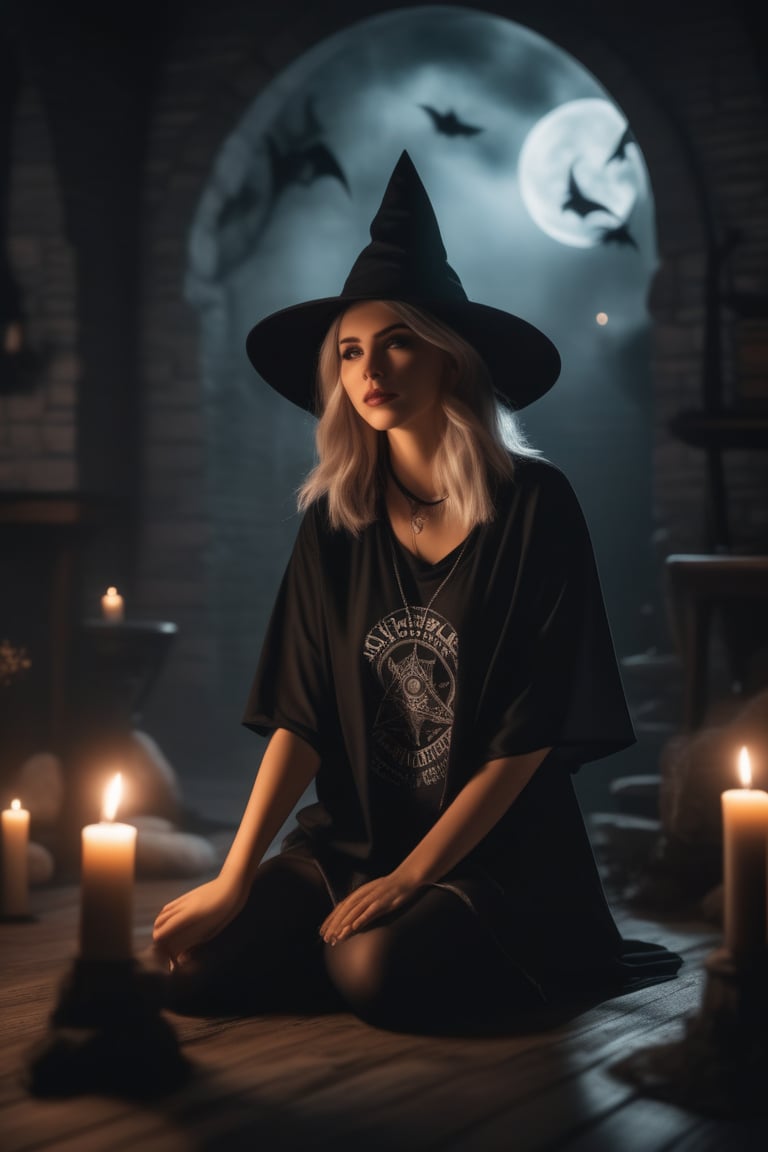 A fine illustration of a (modern witch), 1girl, casual outfit, punk t-shirt, cute, torn legwear, witch hat, kneeling in summoning circle, view from below, solo focus, volumetric lighting