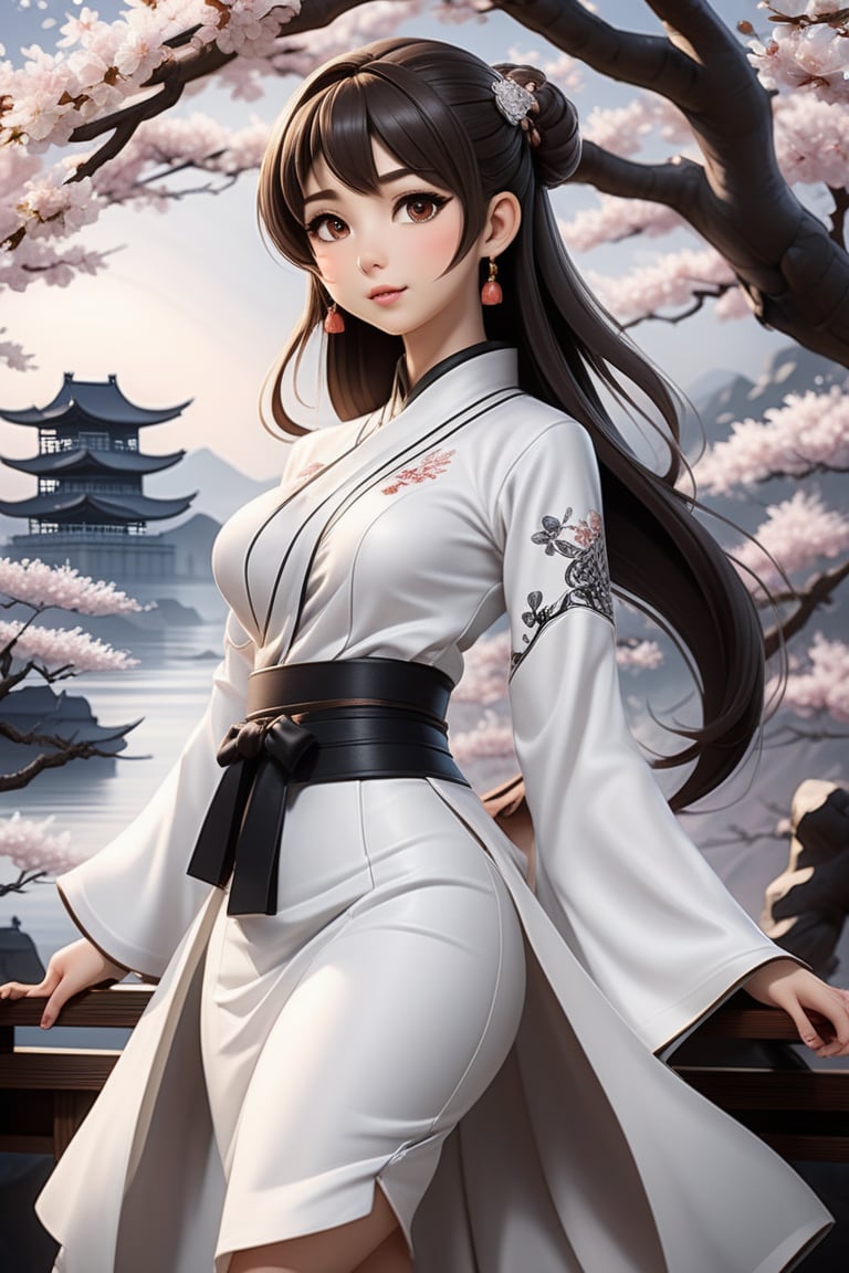 anime girl in full white outfit holding Japanese tshirt and wearing black skirt, in the style of traditional chinese painting, romantic fantasy, oil paintings, dark bronze and gray, cherry blossoms, serene faces, photo-realistic techniques 