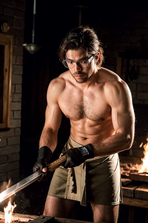  gloves, naked apron, goggles, holding hammer, fire, anvil, photo of a man forging a sword, realistic, masterpiece, intricate details, detailed background, depth of field,