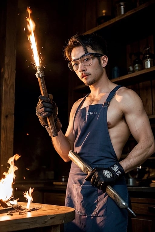  gloves, naked apron, goggles, holding hammer, fire, anvil, spark, photo of a man forging a sword, realistic, masterpiece, intricate details, detailed background, depth of field,