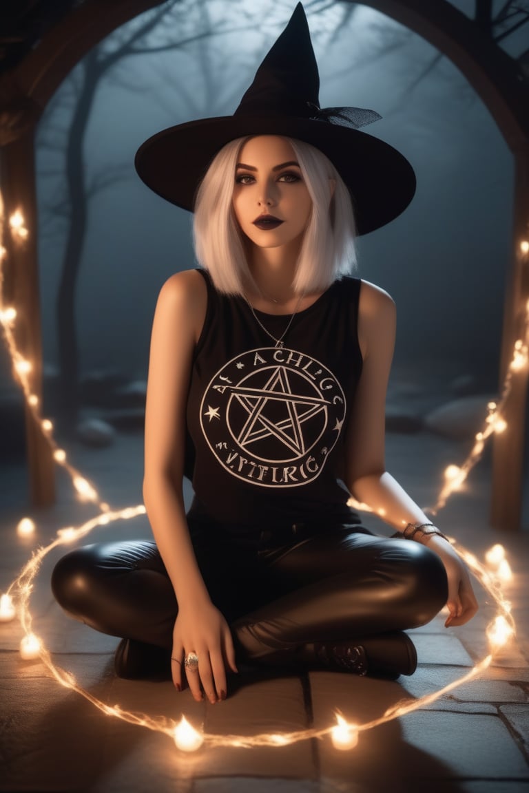 A fine illustration of a (modern witch), 1girl, casual outfit, punk t-shirt, cute, torn legwear, witch hat, kneeling in summoning circle, view from below, solo focus, volumetric lighting