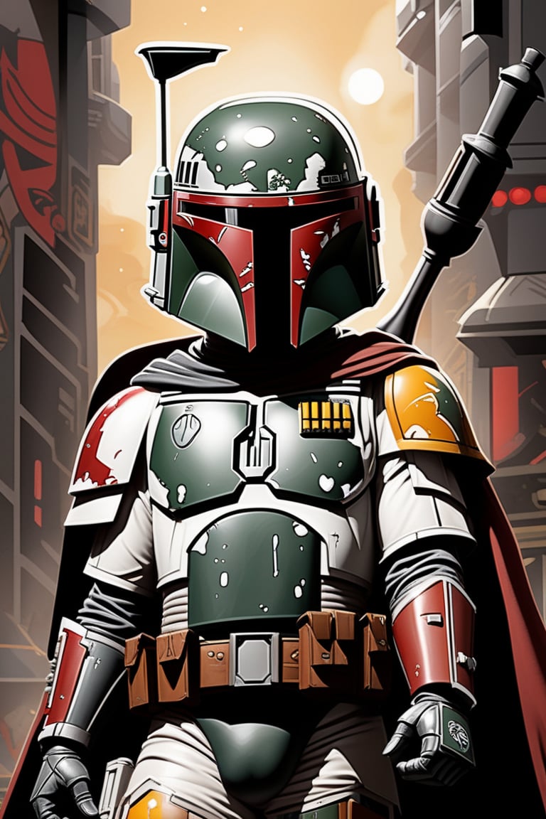 star wars boba fett by chris phu 1, in the style of graffiti-influenced style, cartoonish humor, silver, ragecore, caninecore, celestialpunk, dark white and red 