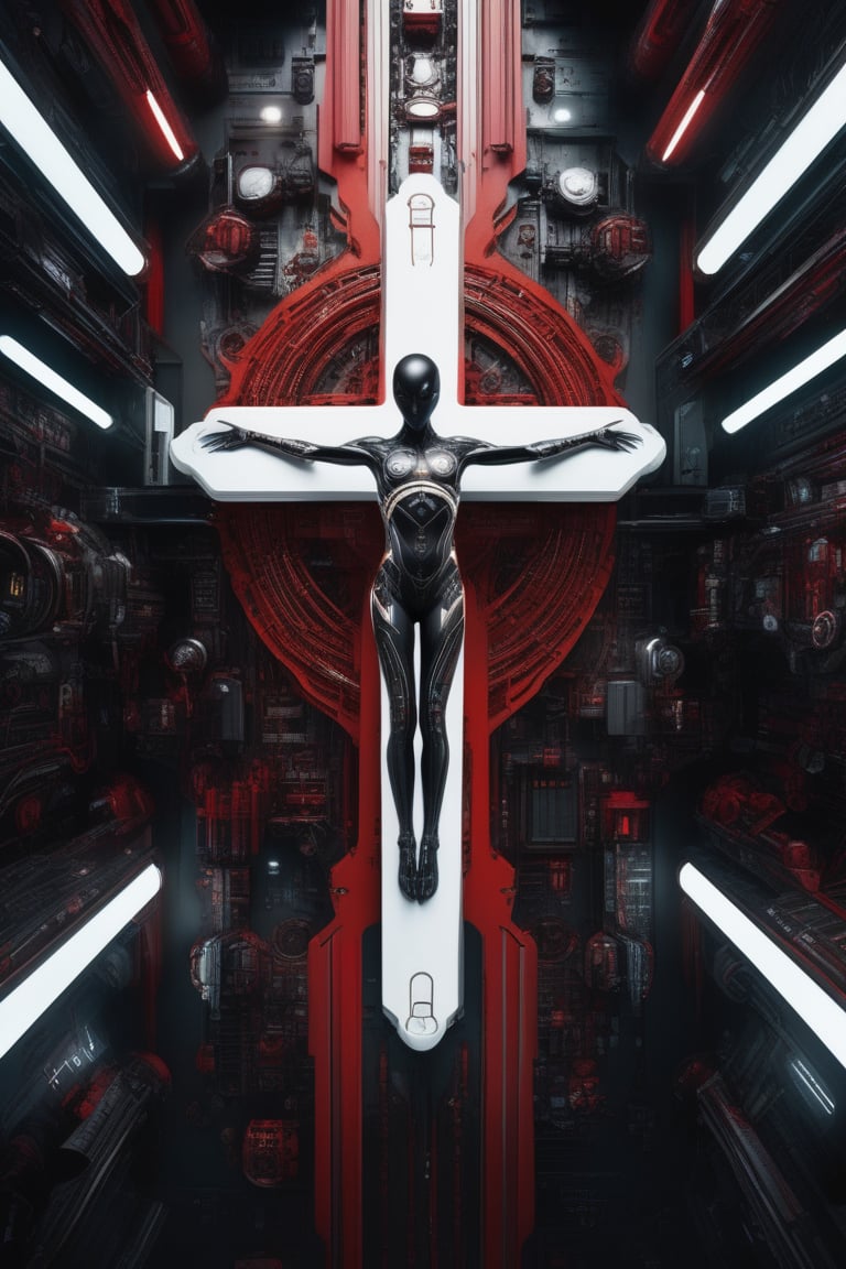 (masterpiece,best quality, ultra realistic,32k,RAW photo,detailed skin, 8k uhd, high quality:1.2), hyperrealistic art space station interior white cross cross inflateble shapes wires tubes veins jellyfish, white biomechanical details a statue jesus on cross made of red marble hands nailed to a cross perfect symmetrical full shot, wearing epic bionic cyborg implants masterpiece, intricate biopunk vogue highly detailed, artstation concept art cyberpunk octane render . extremely high-resolution details, photographic, realism pushed to extreme, fine texture, incredibly lifelike, \Sae (Persona 5)\, 🥱