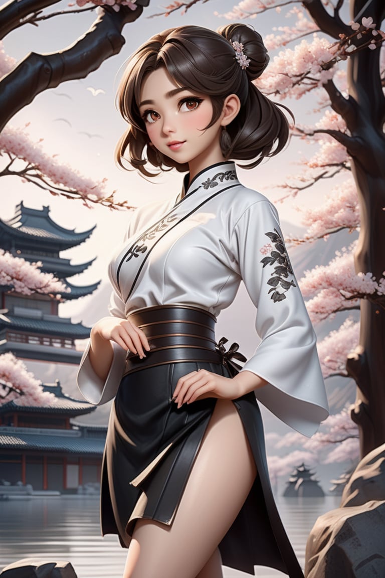 anime girl in full white outfit holding Japanese tshirt and wearing black skirt, in the style of traditional chinese painting, romantic fantasy, oil paintings, dark bronze and gray, cherry blossoms, serene faces, photo-realistic techniques 