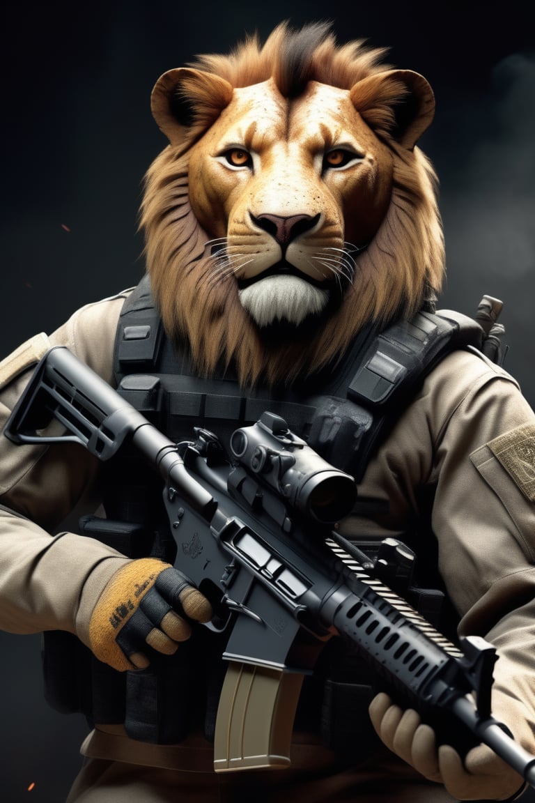 Battle-scarred angry lion army wearing black ops uniform, holding carbine rifle, anthropomorphic, super detail, ultra hd, 8k, real life, maximum facial detail, cinematic lighting