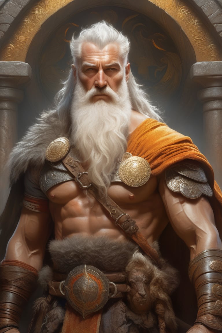 painted portrait of rugged odin, god of war, nordic god, white hair, masculine, mature, handsome, upper body, grey and silver, muscular, hairy torso, fantasy, intricate, muscular, elegant, highly detailed, digital painting, artstation, concept art, smooth, sharp focus, illustration, art by gaston bussiere and alphonse mucha