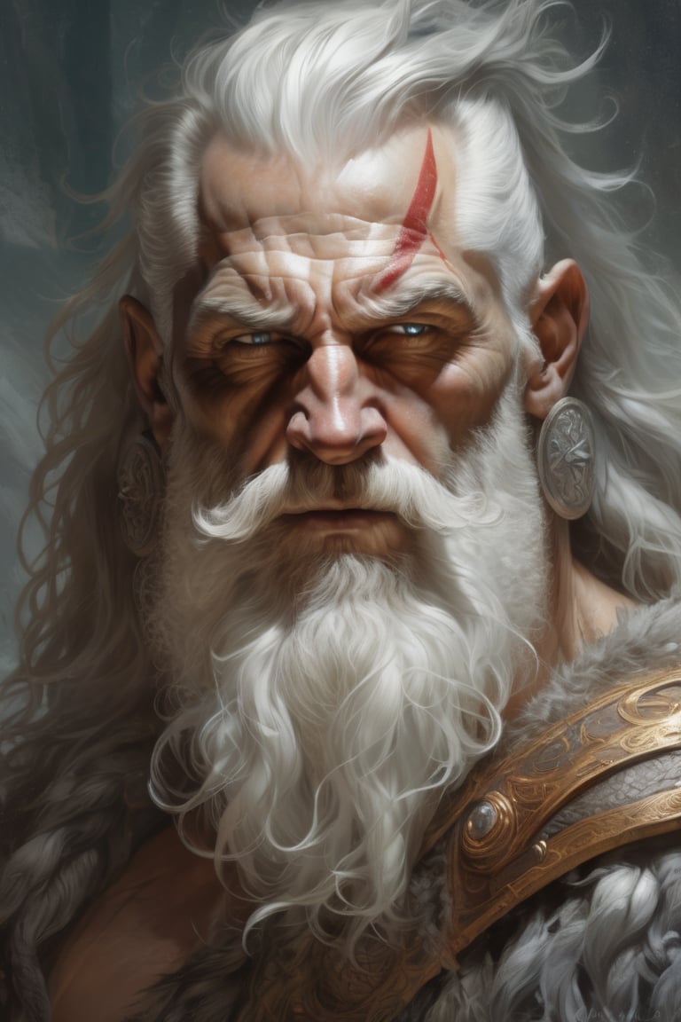 painted portrait of rugged odin, god of war, nordic god, white hair, masculine, mature, handsome, upper body, grey and silver, muscular, hairy torso, fantasy, intricate, muscular, elegant, highly detailed, digital painting, artstation, concept art, smooth, sharp focus, illustration, art by gaston bussiere and alphonse mucha