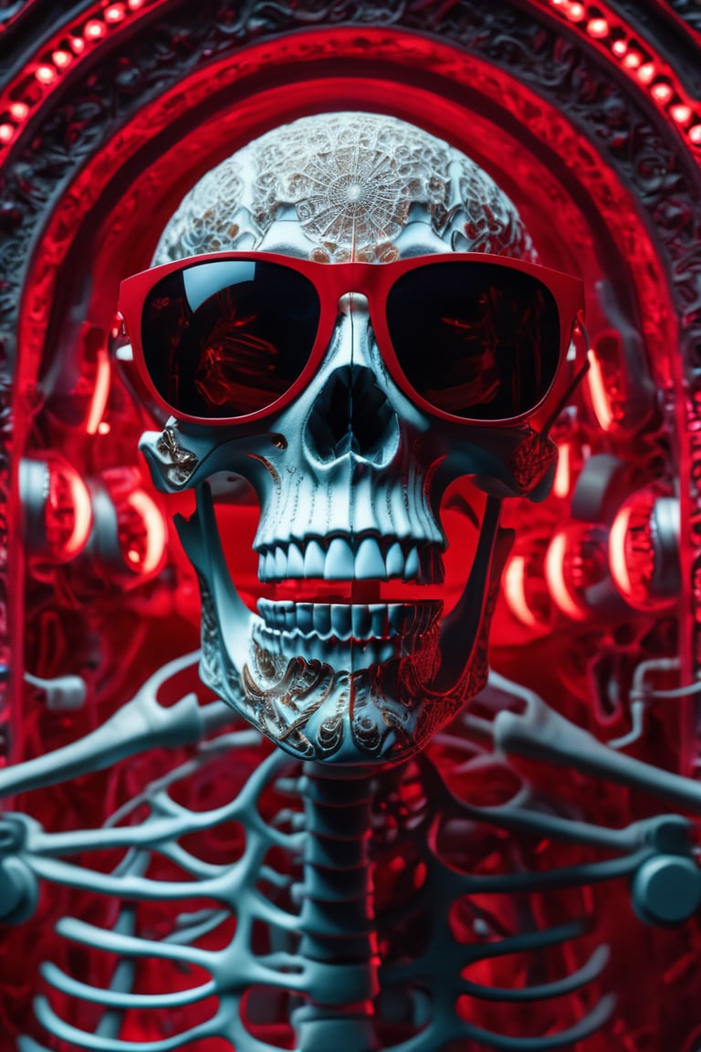 Midjourney style of detailed and intricate skull wearing red sunglasses| full human skeleton| riding horse through space| stunning environment| volumetric lighting| vibrant